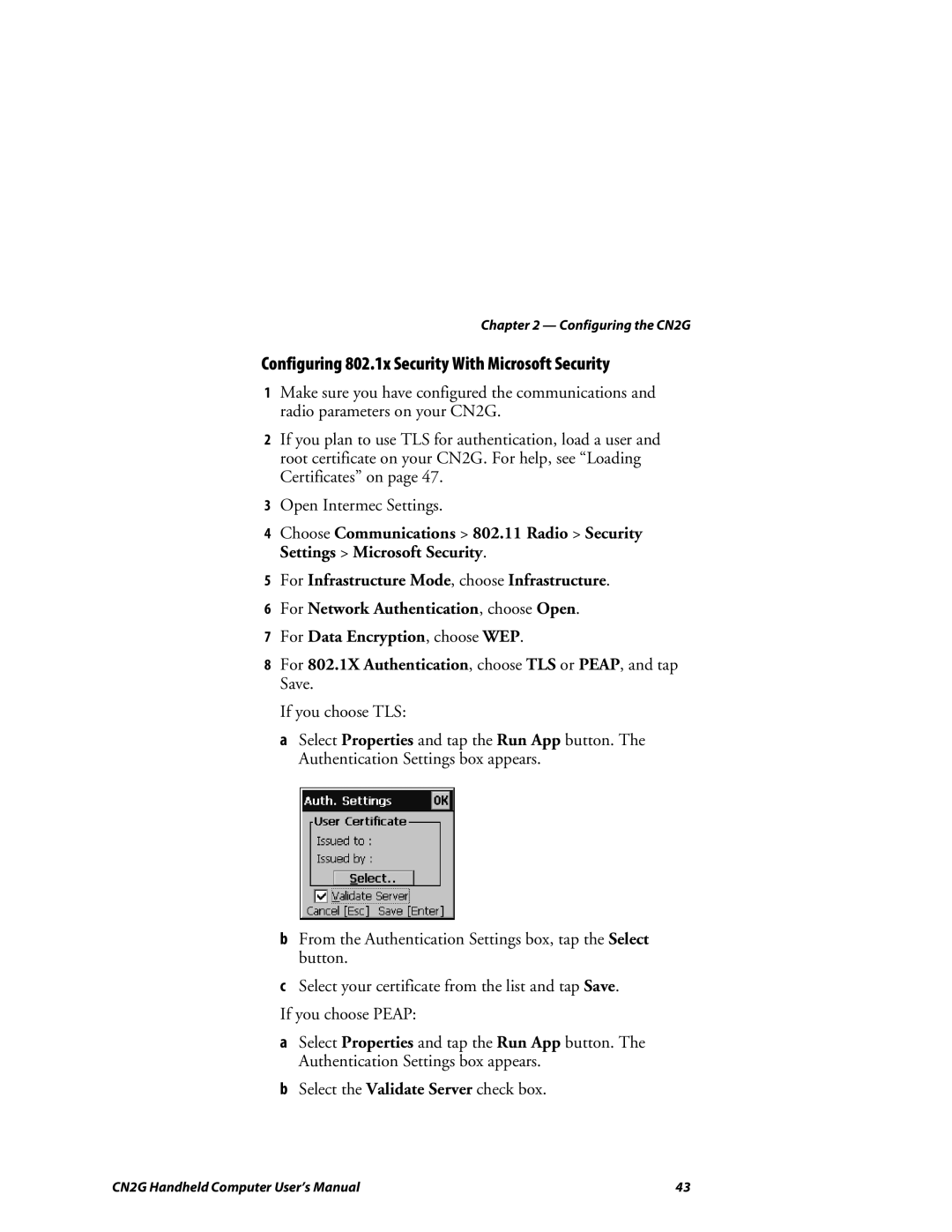 Intermec CN2G user manual Configuring 802.1x Security With Microsoft Security 