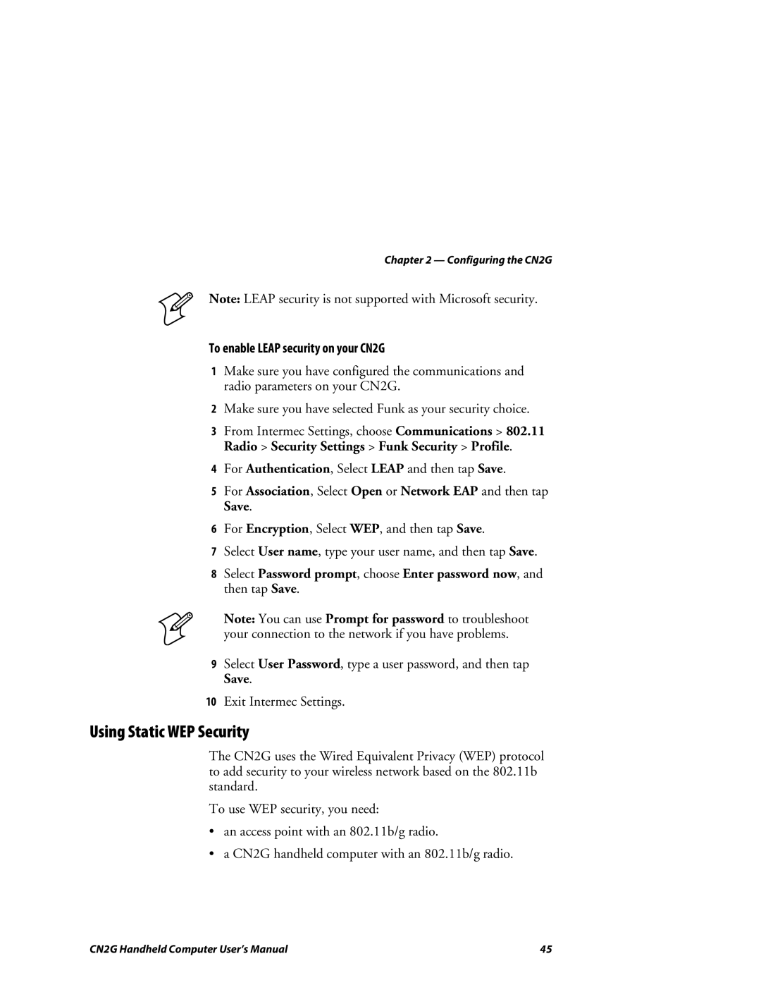 Intermec user manual Using Static WEP Security, To enable Leap security on your CN2G 