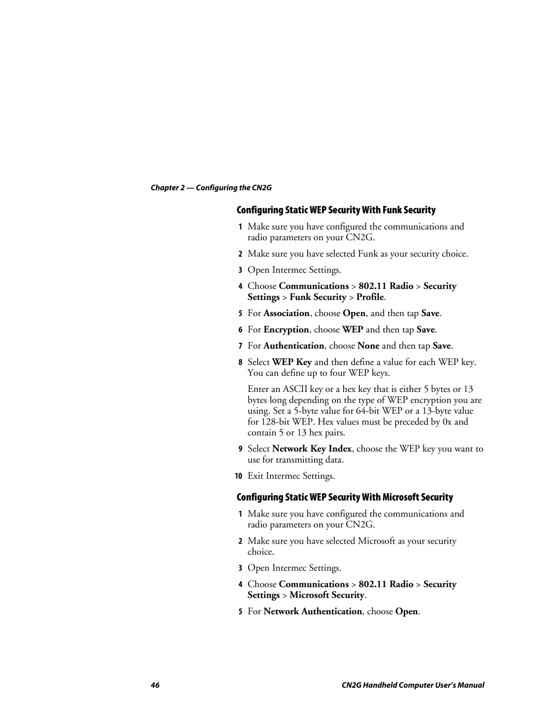 Intermec CN2G Configuring Static WEP Security With Funk Security, Configuring Static WEP Security With Microsoft Security 