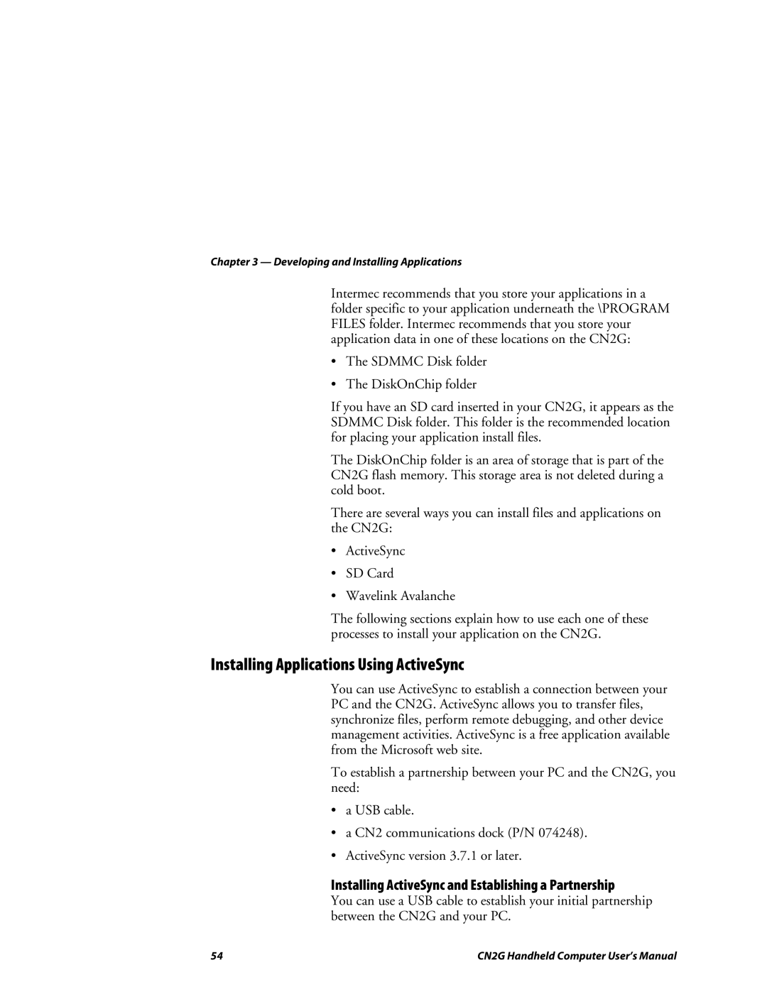 Intermec CN2G user manual Installing Applications Using ActiveSync, Installing ActiveSync and Establishing a Partnership 