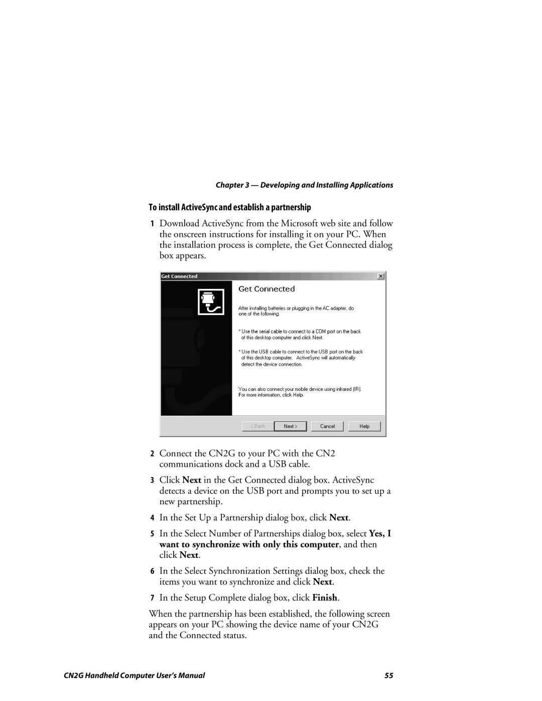 Intermec CN2G user manual To install ActiveSync and establish a partnership 