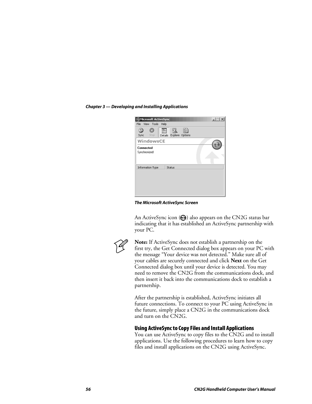 Intermec CN2G user manual Using ActiveSync to Copy Files and Install Applications 