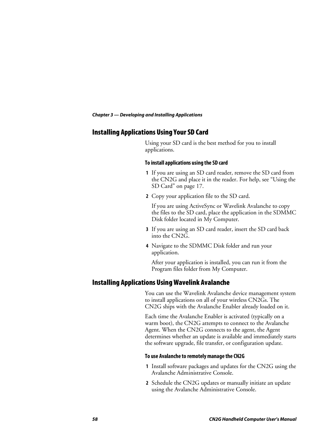 Intermec CN2G user manual Installing Applications Using Your SD Card, Installing Applications Using Wavelink Avalanche 