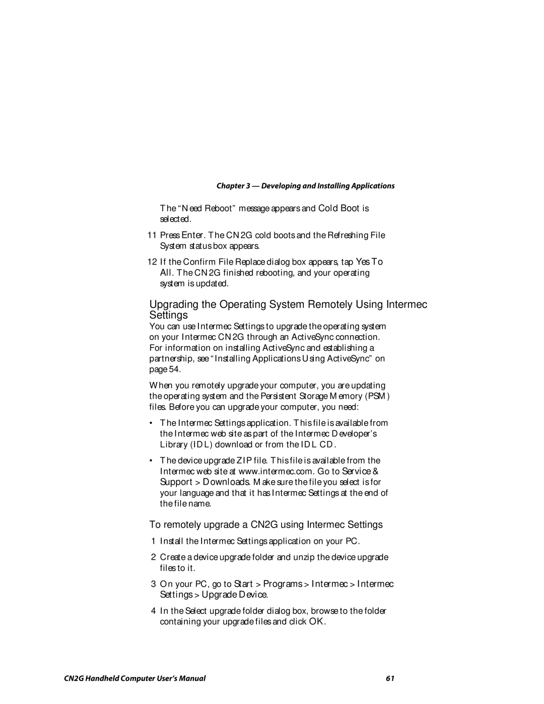 Intermec user manual To remotely upgrade a CN2G using Intermec Settings 