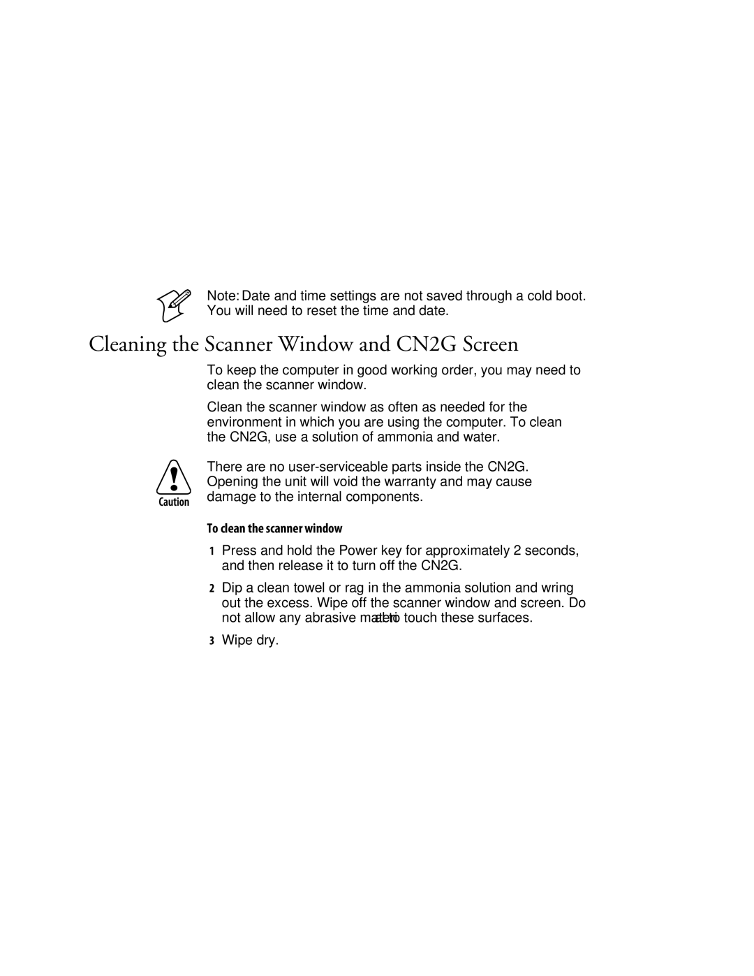 Intermec user manual Cleaning the Scanner Window and CN2G Screen, To clean the scanner window 