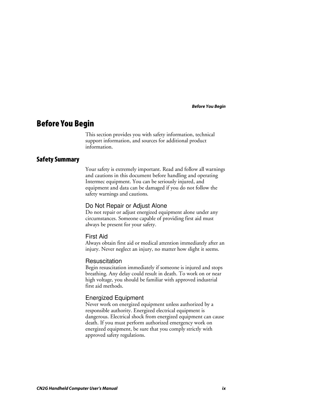 Intermec CN2G user manual Before You Begin, Safety Summary 