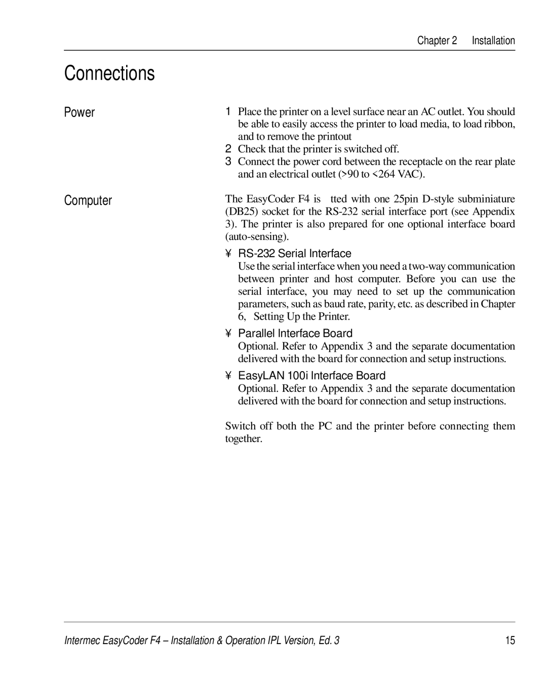 Intermec F4 manual Connections, Power Computer 