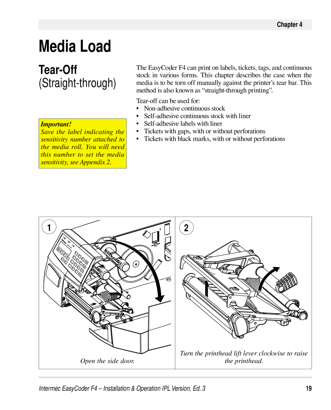 Intermec F4 manual Media Load, Tear-Off 