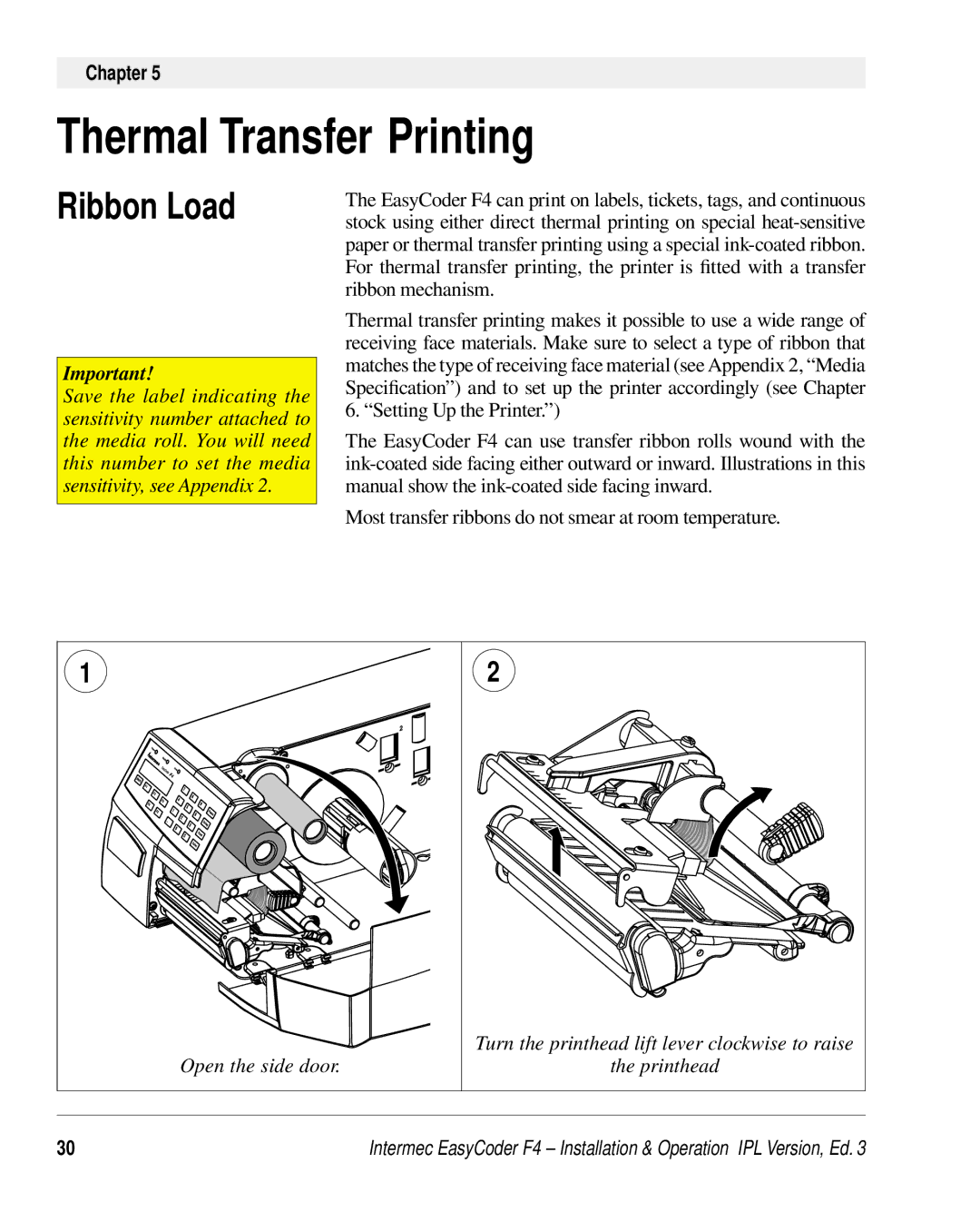 Intermec F4 manual Thermal Transfer Printing, Ribbon Load 