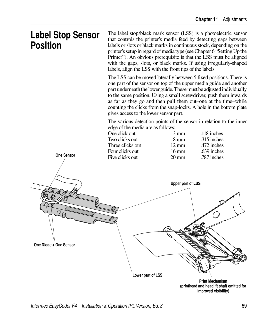 Intermec F4 manual Two clicks out, Three clicks out 12 mm, Four clicks out 16 mm, Five clicks out 20 mm 