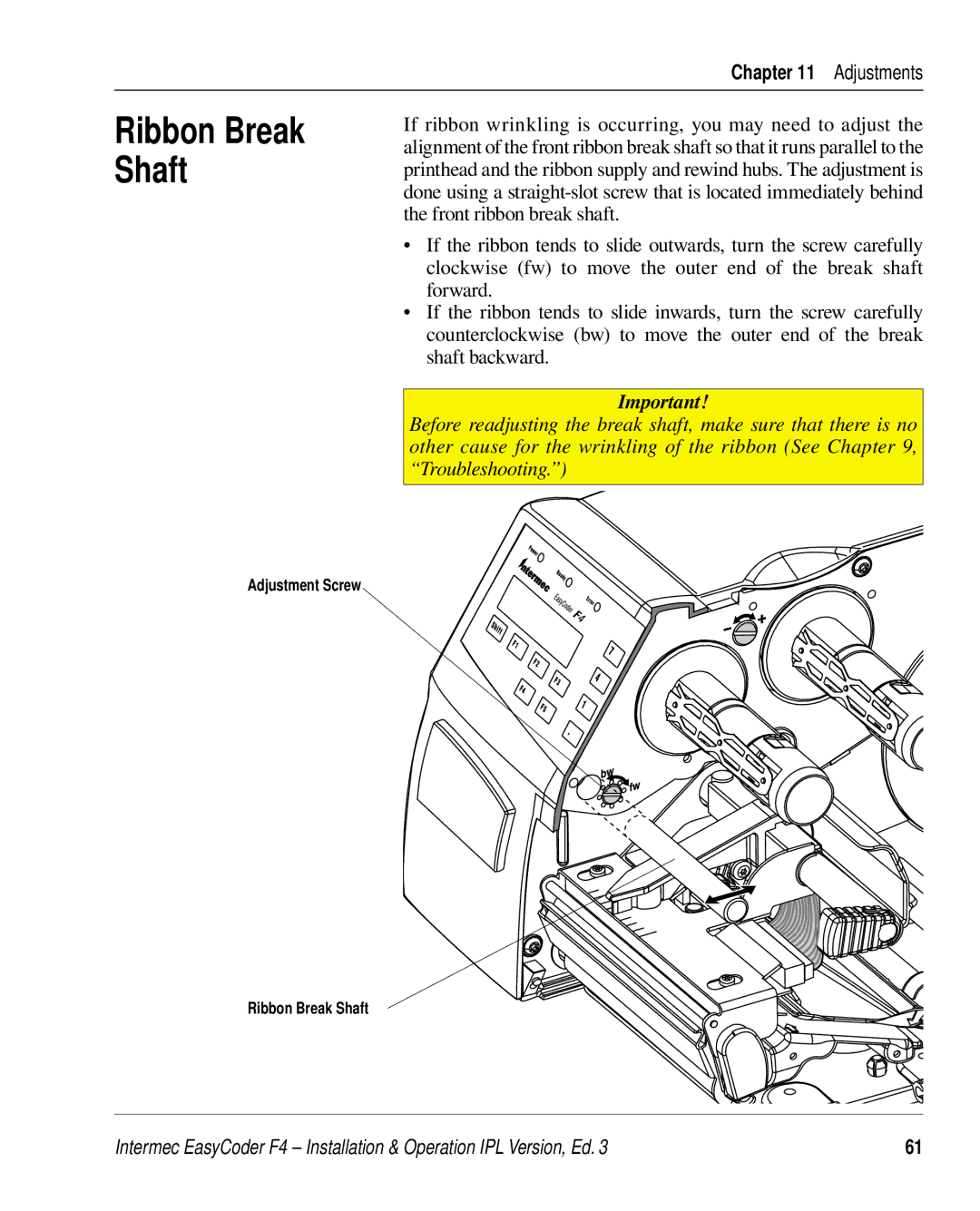 Intermec F4 manual Ribbon Break Shaft 