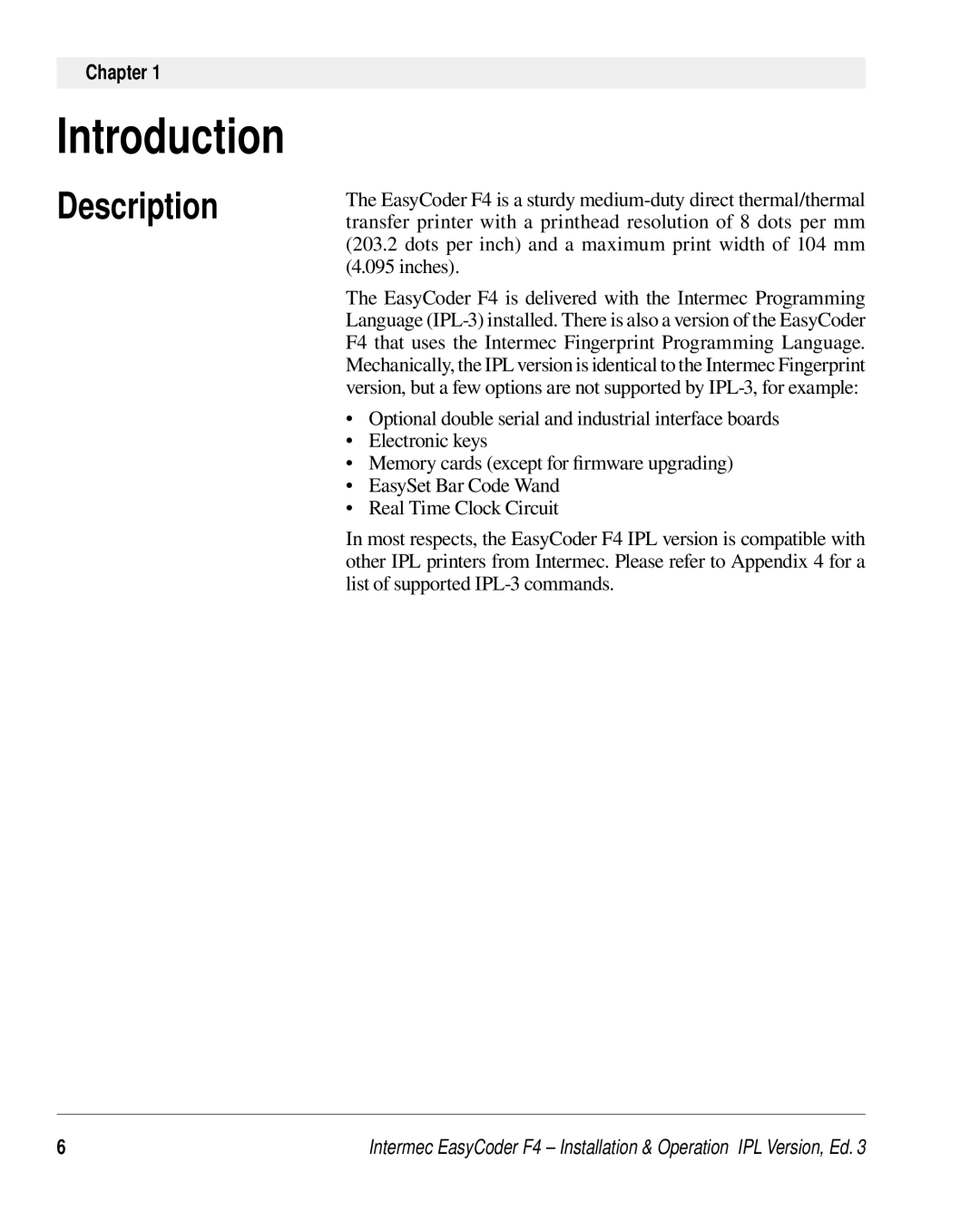 Intermec F4 manual Introduction, Description, Chapter 