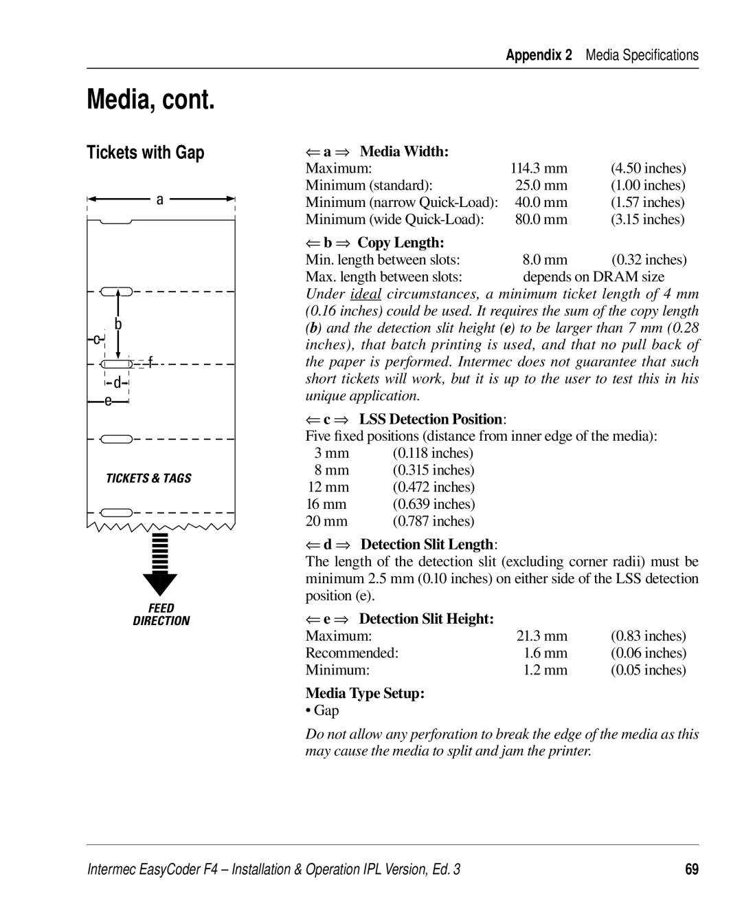 Intermec F4 Tickets with Gap, Min. length between slots, Max. length between slots Depends on Dram size, Maximum 21.3 mm 