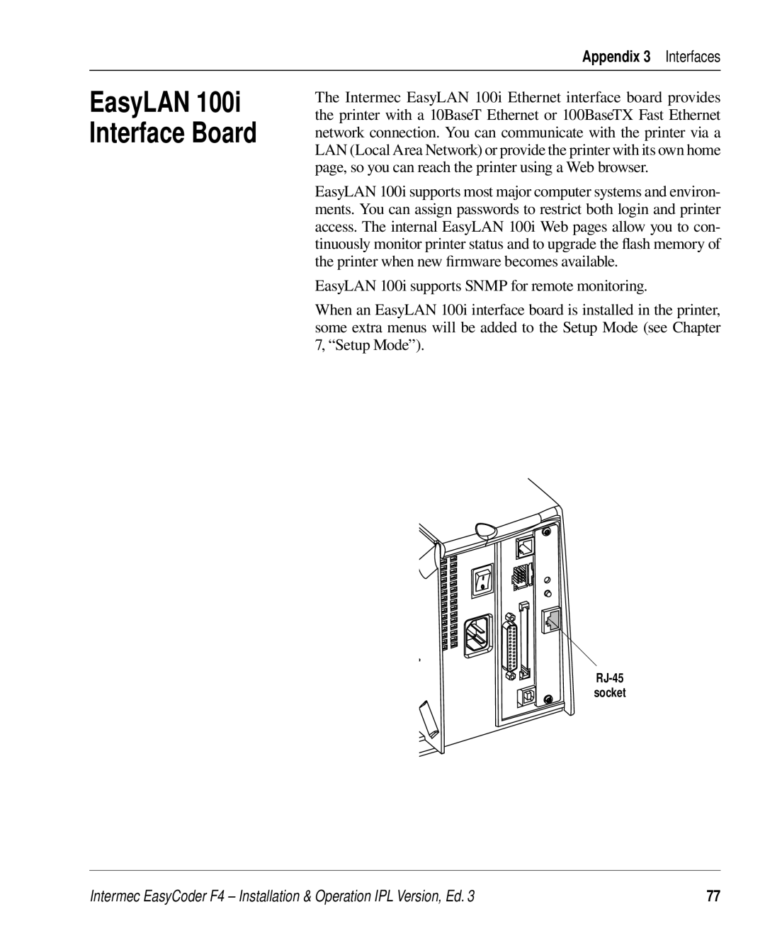 Intermec F4 manual EasyLAN 100i Interface Board 