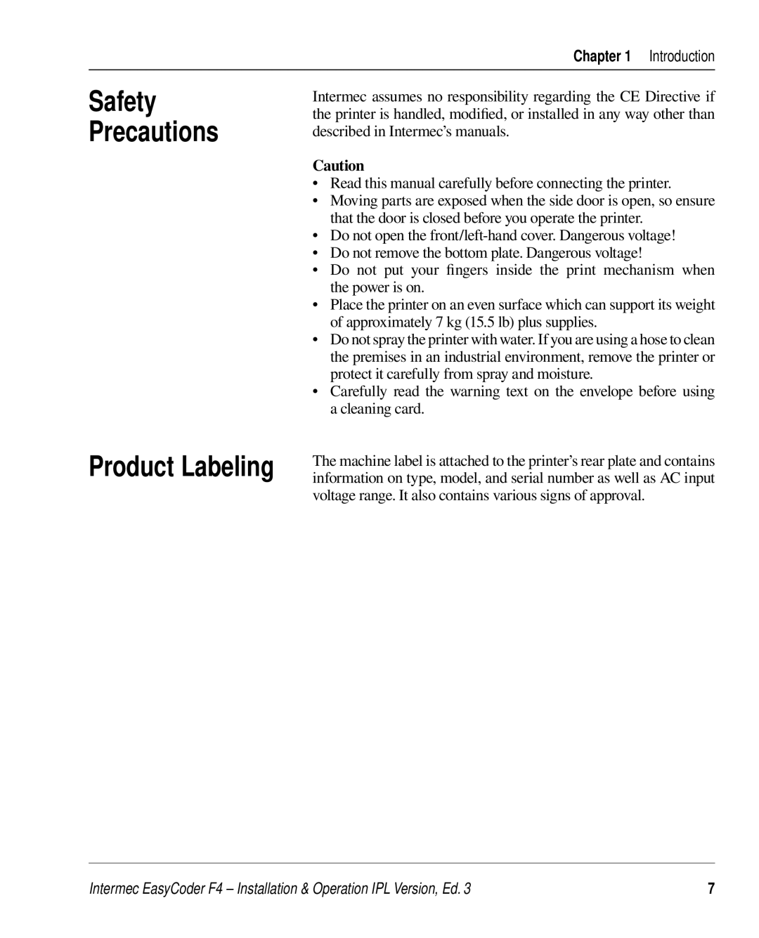 Intermec F4 manual Safety Precautions, Voltage range. It also contains various signs of approval 