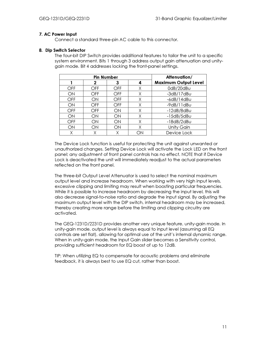 Intermec GEQ-1231D, GEQ-2231D manual AC Power Input, Dip Switch Selector, Pin Number Attenuation Maximum Output Level 