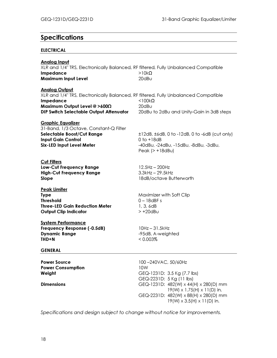 Intermec GEQ-2231D, GEQ-1231D manual Specifications 