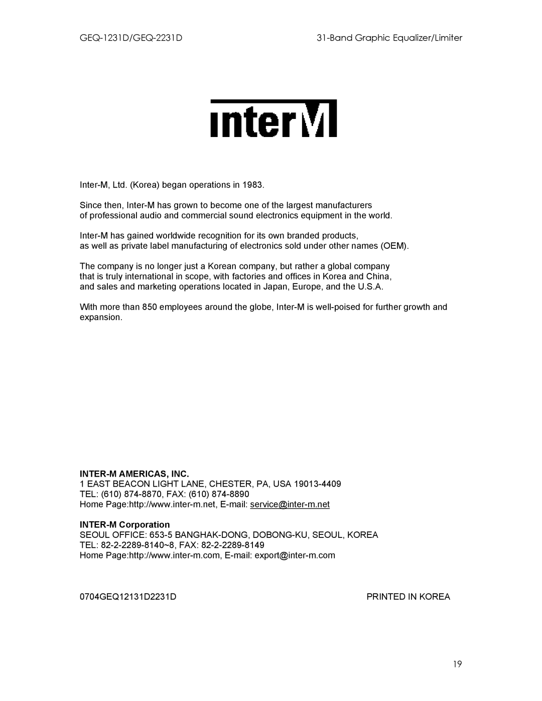 Intermec GEQ-1231D, GEQ-2231D manual Inter-M Americas, Inc 