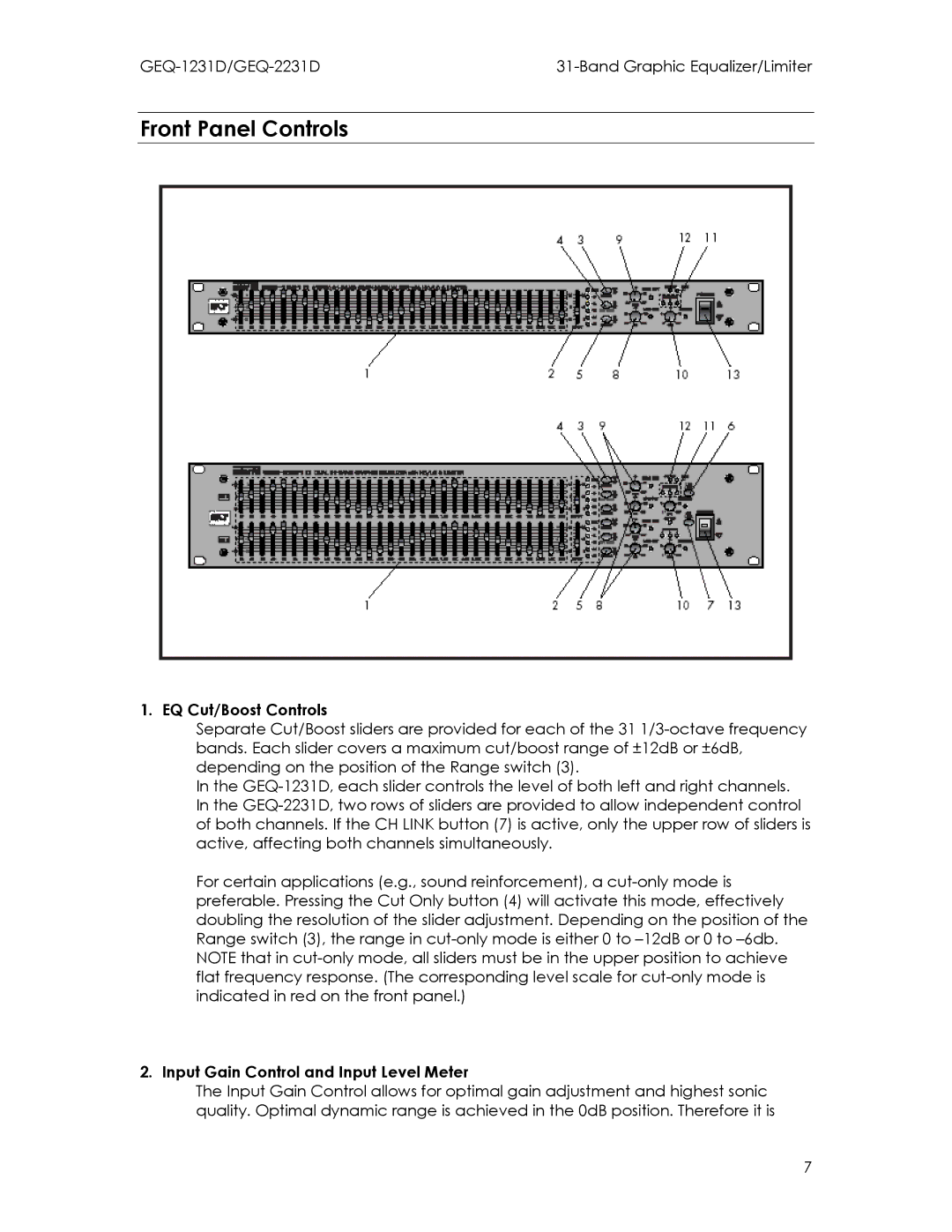 Intermec GEQ-1231D, GEQ-2231D manual Front Panel Controls, EQ Cut/Boost Controls, Input Gain Control and Input Level Meter 