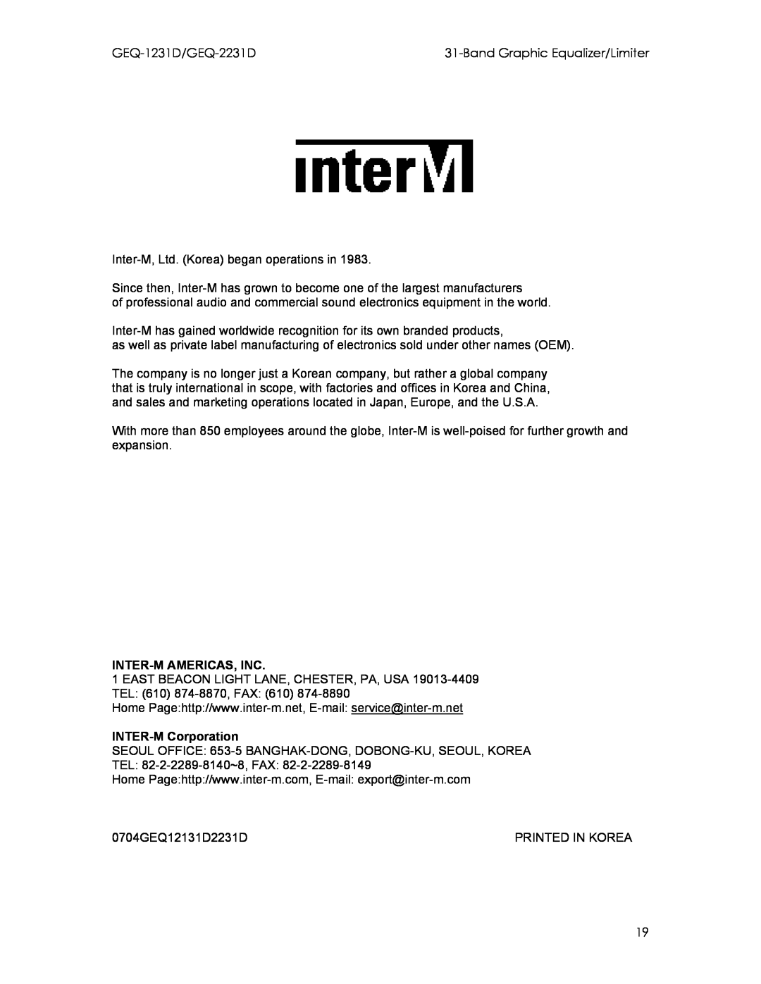 Intermec manual GEQ-1231D/GEQ-2231D, BandGraphic Equalizer/Limiter, Inter-Mamericas, Inc, INTER-MCorporation 