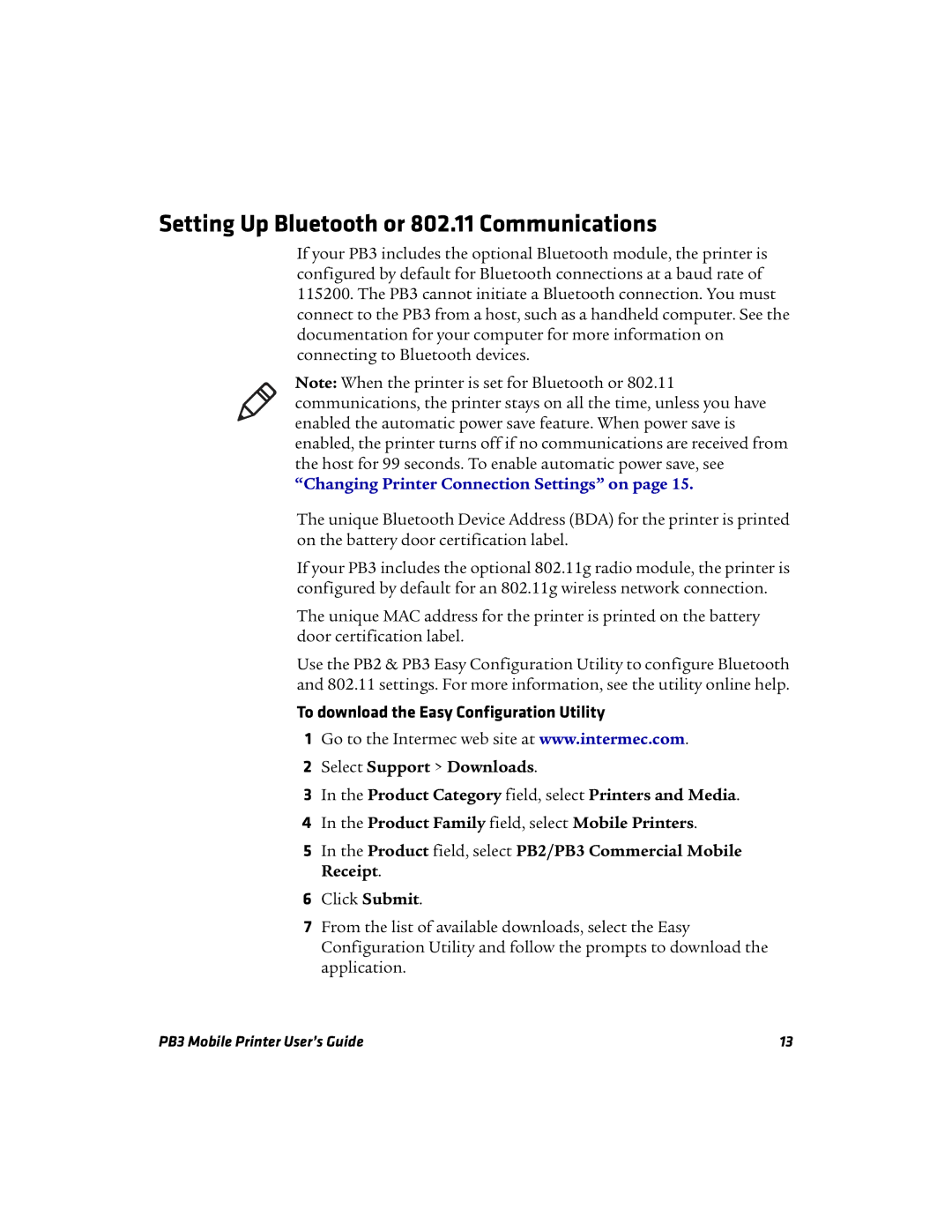 Intermec PB3 manual Setting Up Bluetooth or 802.11 Communications, To download the Easy Configuration Utility 