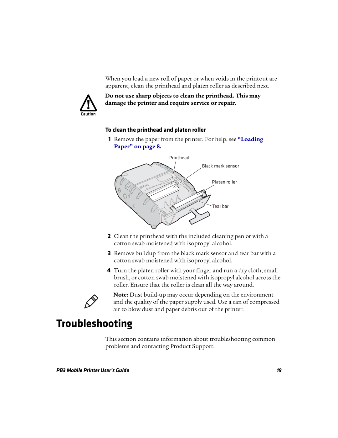 Intermec PB3 manual Troubleshooting, To clean the printhead and platen roller 