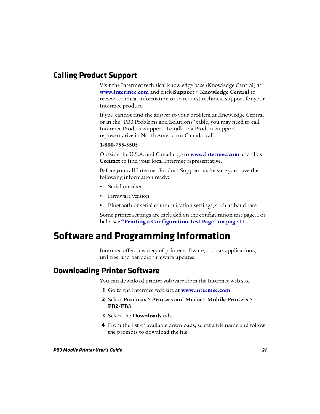 Intermec PB3 manual Software and Programming Information, Calling Product Support, Downloading Printer Software 