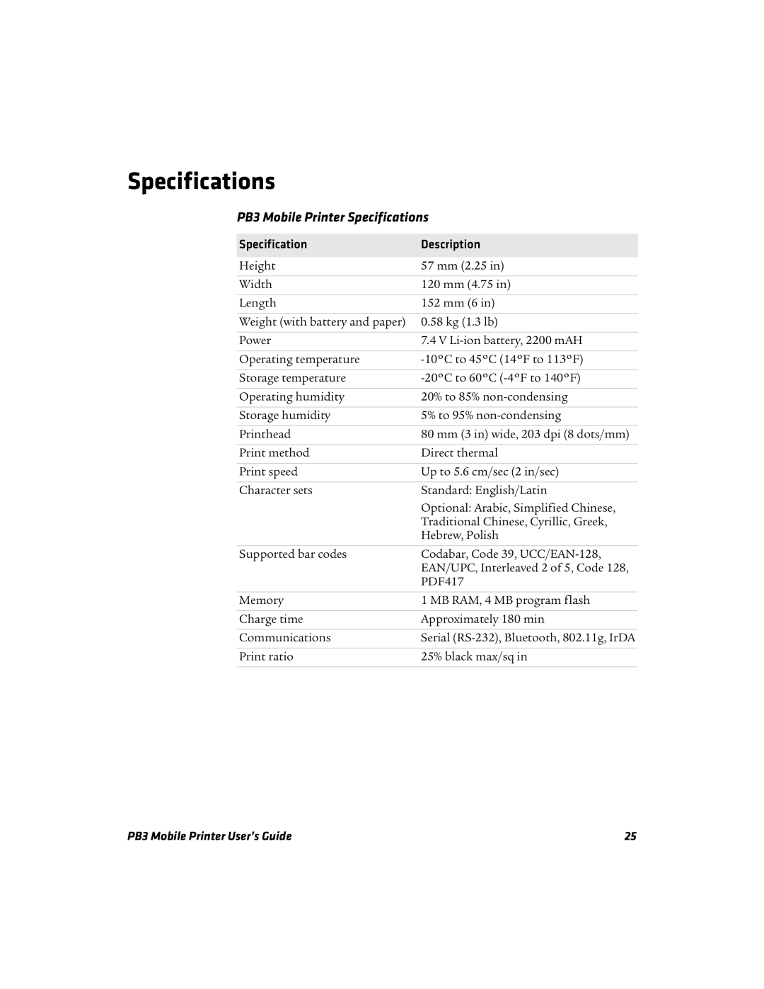 Intermec manual PB3 Mobile Printer Specifications, Specification Description 