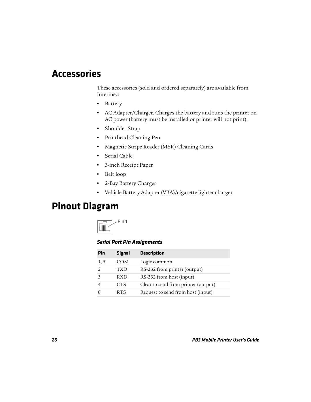 Intermec PB3 manual Accessories, Pinout Diagram, Serial Port Pin Assignments, Pin Signal Description 