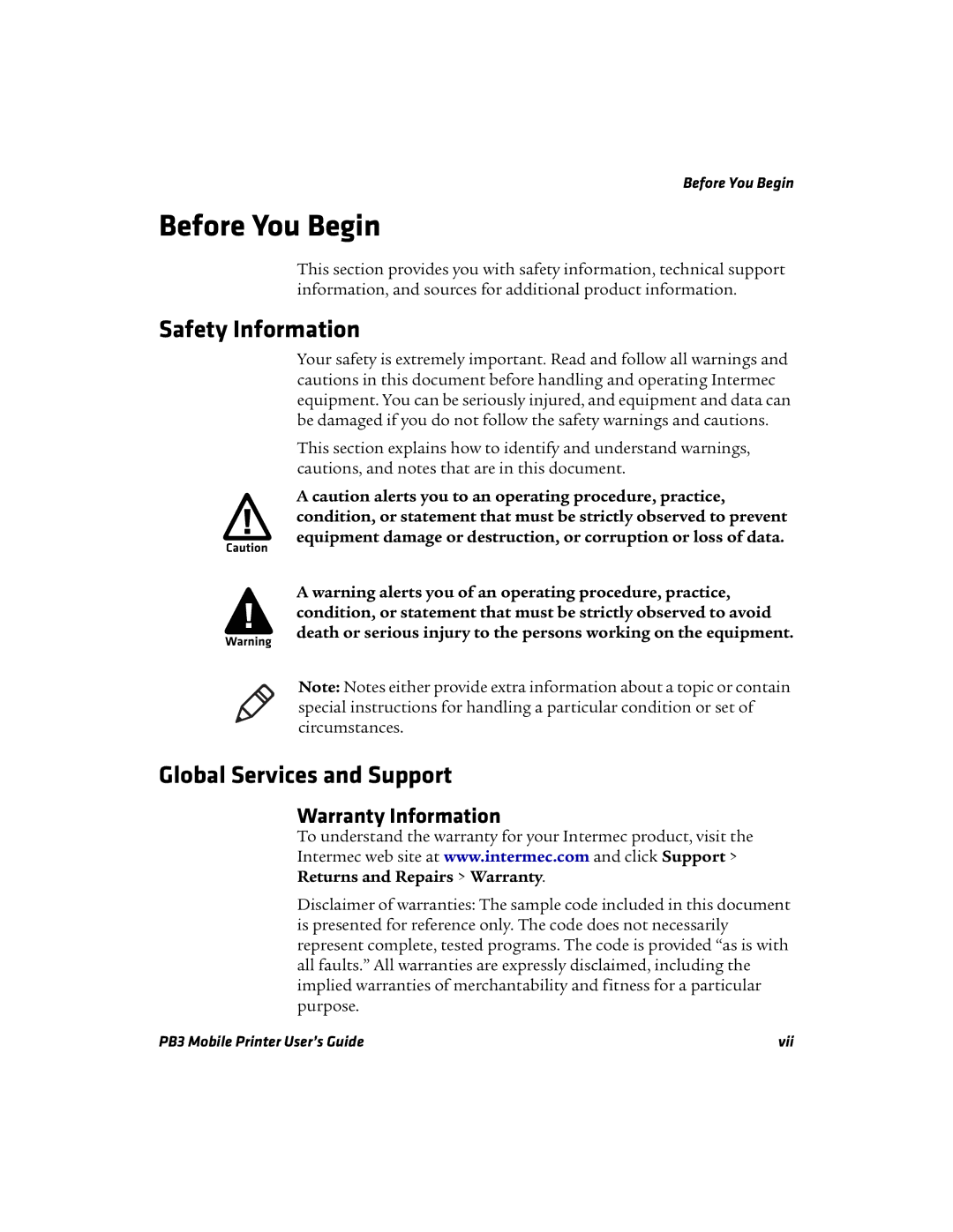 Intermec PB3 manual Before You Begin, Safety Information, Global Services and Support 