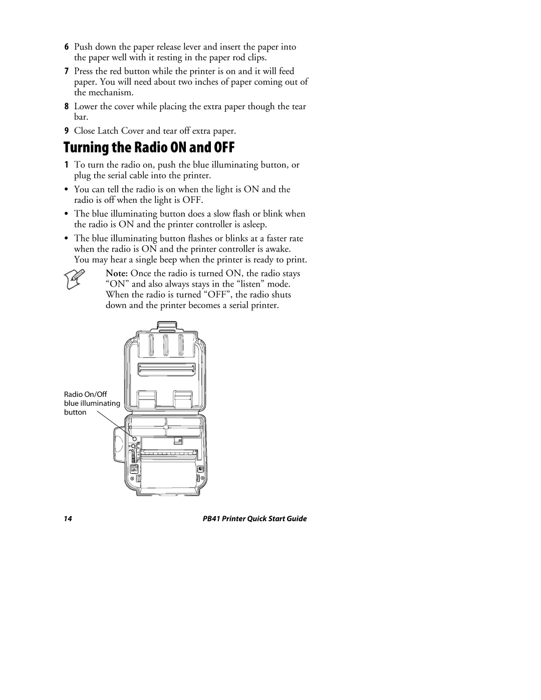 Intermec PB41 quick start Turning the Radio on and OFF 