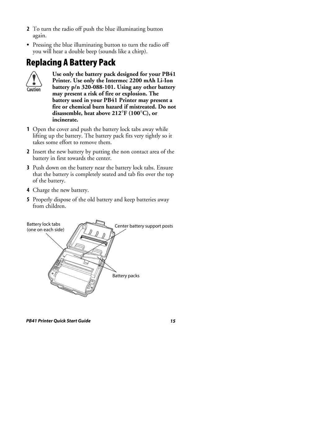 Intermec PB41 quick start Replacing a Battery Pack 