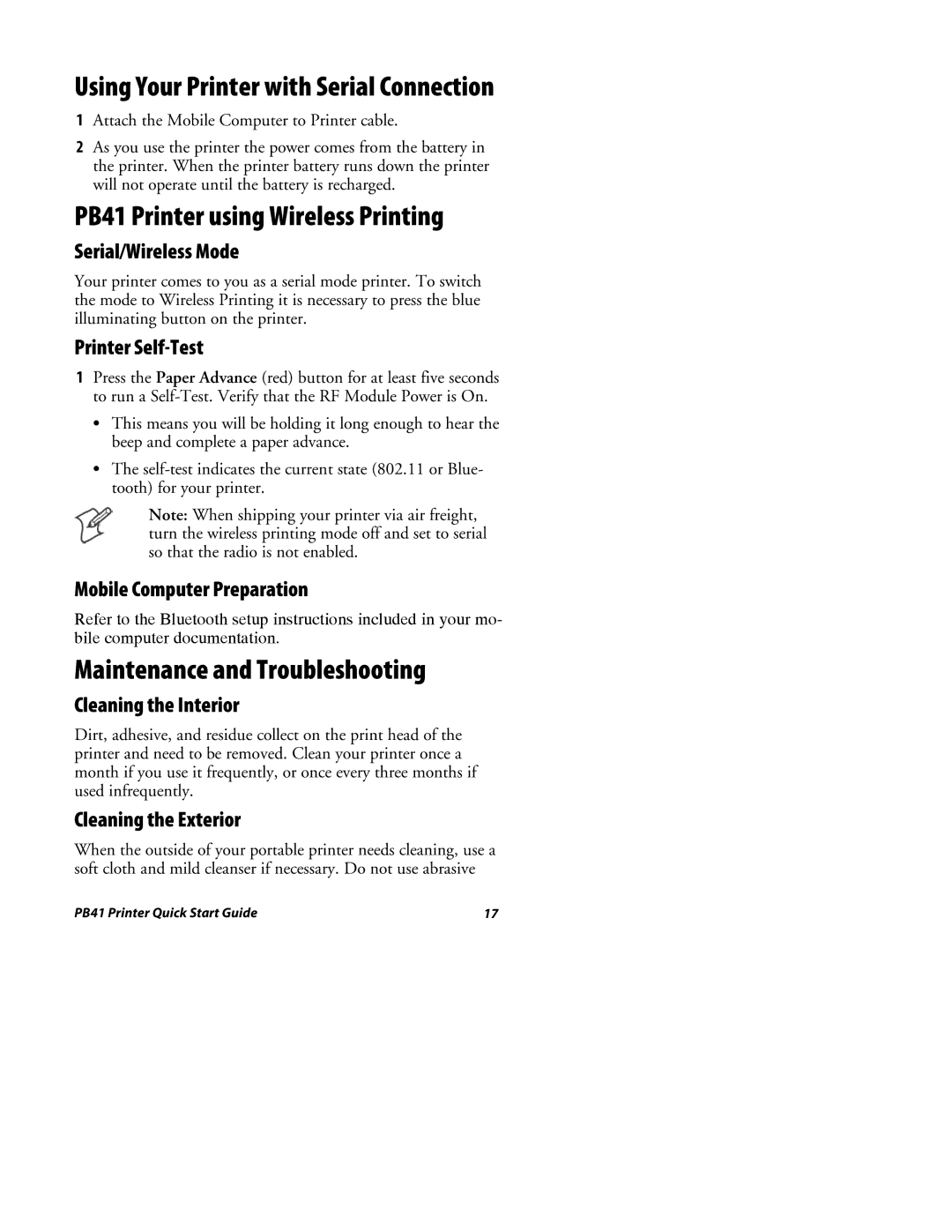 Intermec quick start Using Your Printer with Serial Connection, PB41 Printer using Wireless Printing 