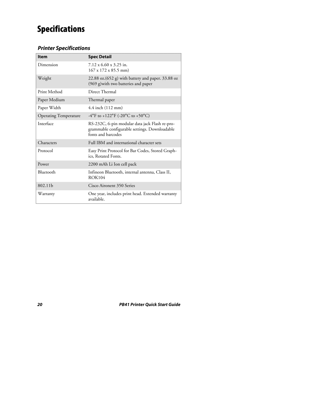 Intermec PB41 quick start Printer Specifications, Spec Detail 