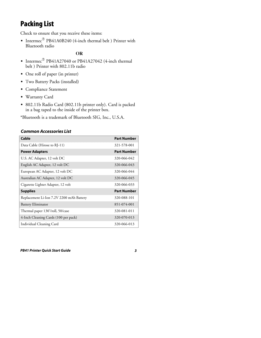 Intermec PB41 Packing List, Common Accessories List, Cable Part Number, Power Adapters Part Number, Supplies Part Number 