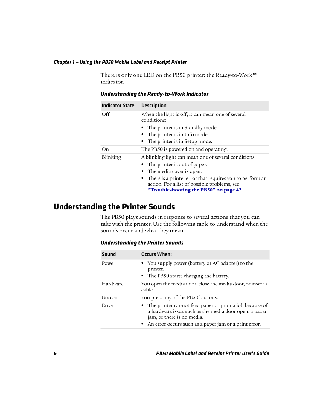 Intermec PB50 Understanding the Printer Sounds, Understanding the Ready-to-Work Indicator, Indicator State Description 