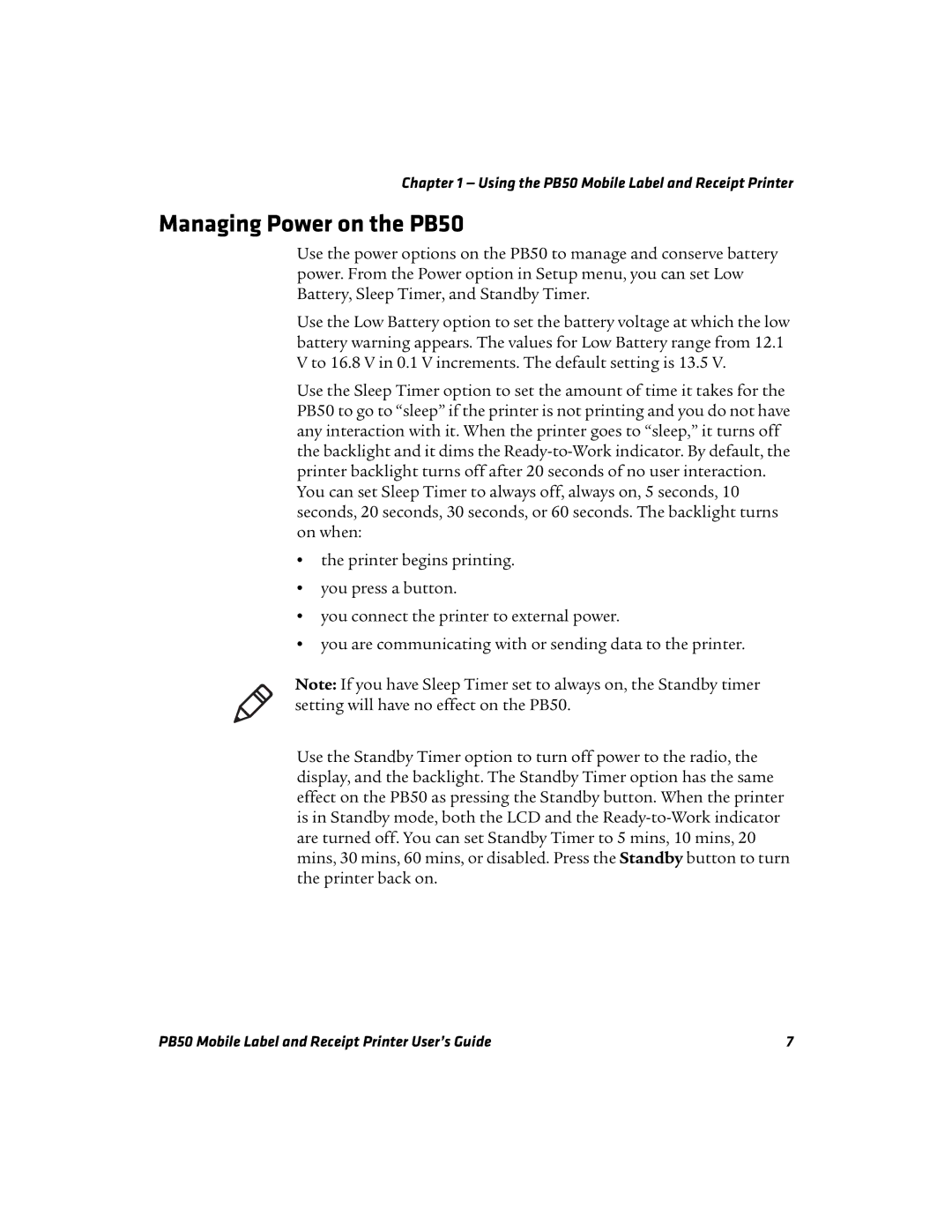 Intermec manual Managing Power on the PB50 