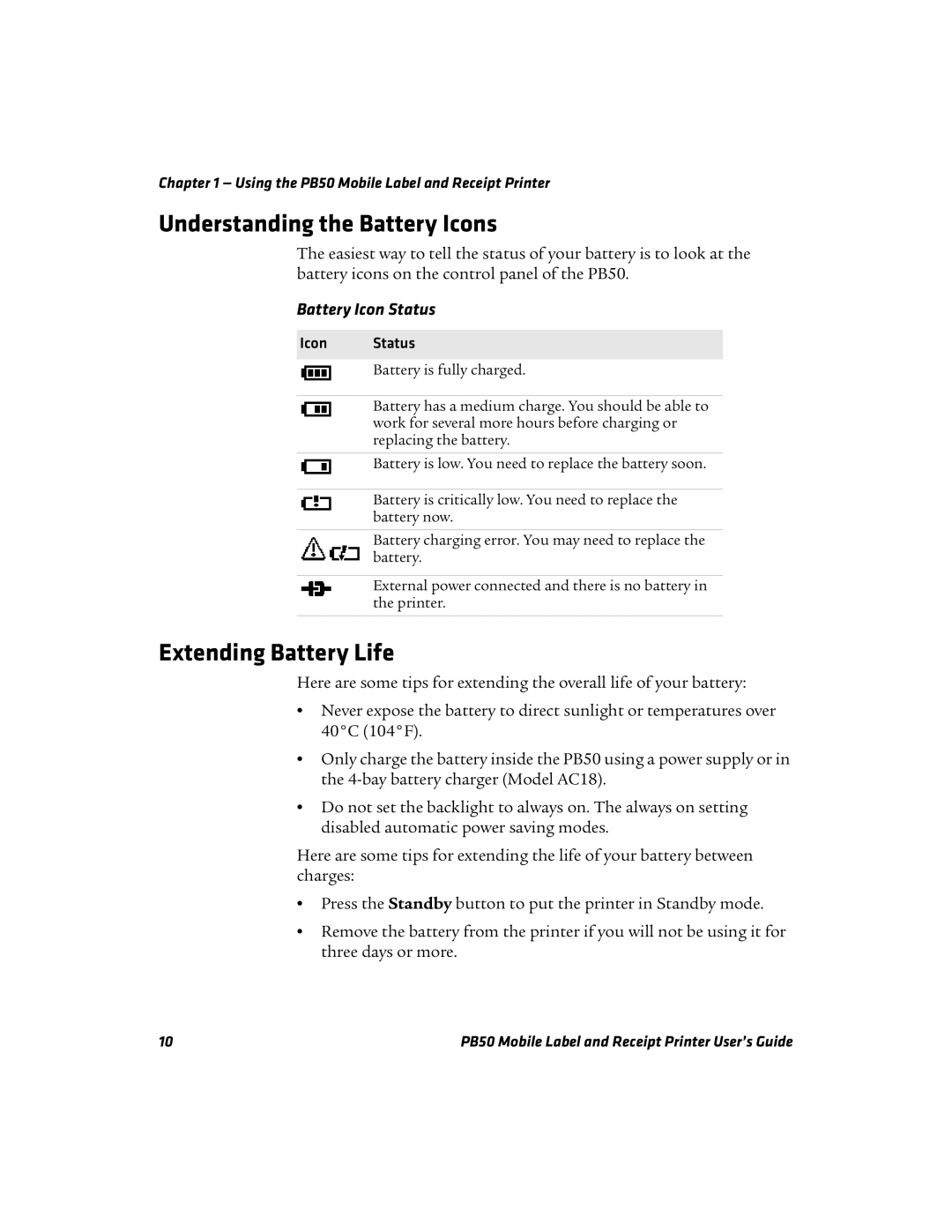 Intermec PB50 manual Understanding the Battery Icons, Extending Battery Life, Battery Icon Status 