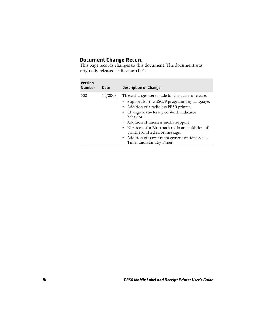 Intermec PB50 manual Document Change Record, Version Number Date 