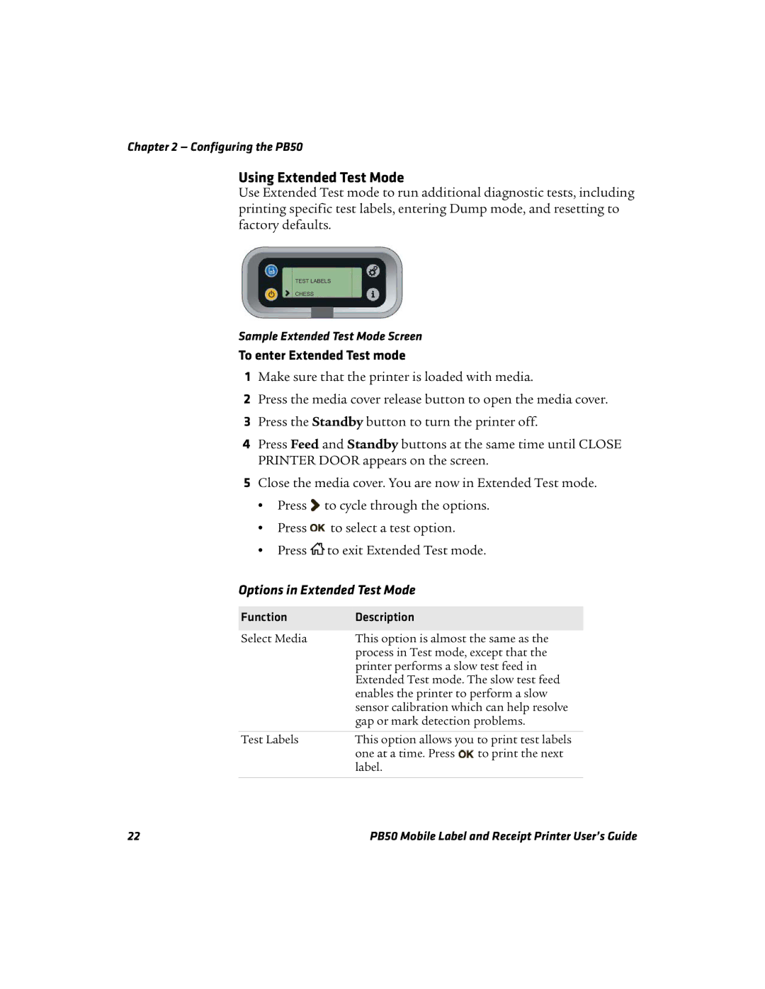 Intermec PB50 manual To enter Extended Test mode, Options in Extended Test Mode, Function Description 