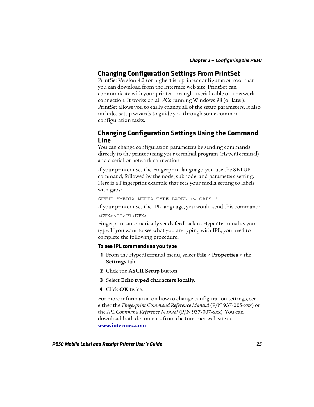 Intermec PB50 manual Changing Configuration Settings From PrintSet, Changing Configuration Settings Using the Command Line 