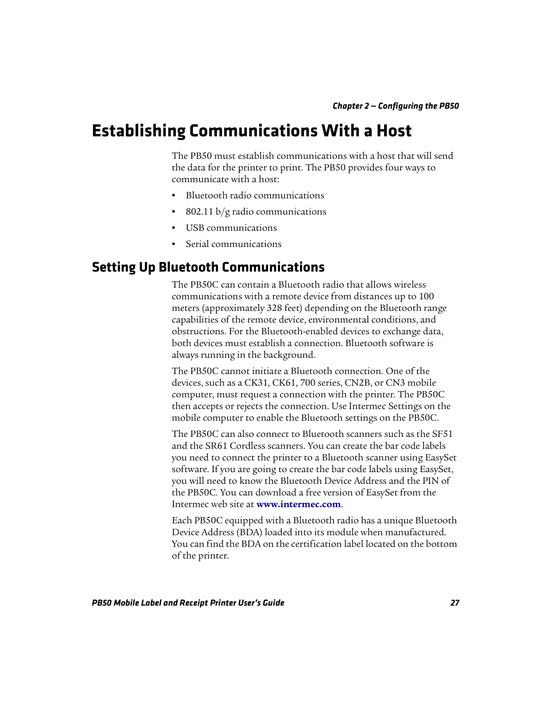 Intermec PB50 manual Establishing Communications With a Host, Setting Up Bluetooth Communications 