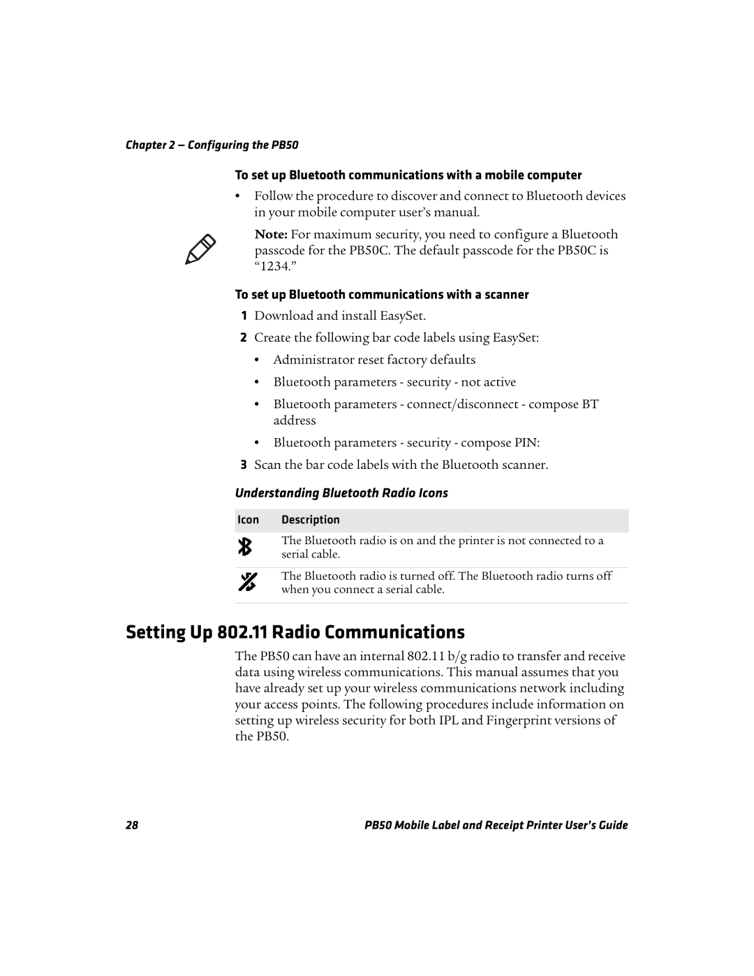 Intermec PB50 manual Setting Up 802.11 Radio Communications, To set up Bluetooth communications with a mobile computer 