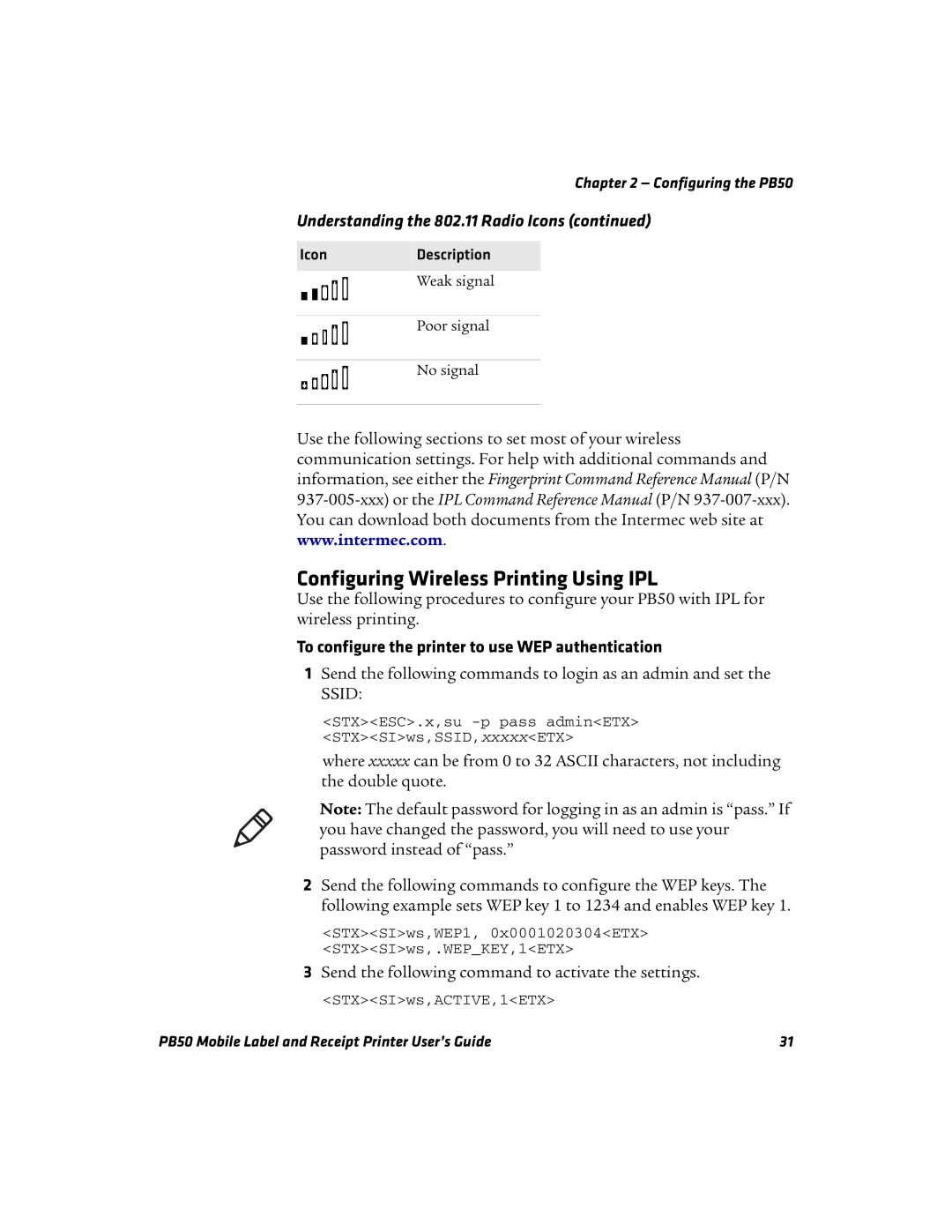 Intermec PB50 manual Configuring Wireless Printing Using IPL, To configure the printer to use WEP authentication 