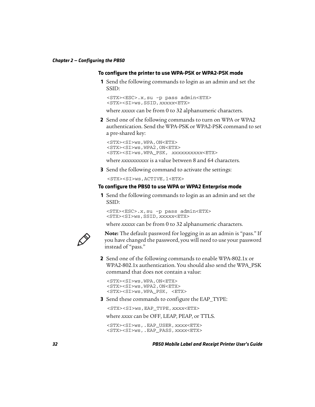 Intermec PB50 manual To configure the printer to use WPA-PSK or WPA2-PSK mode 