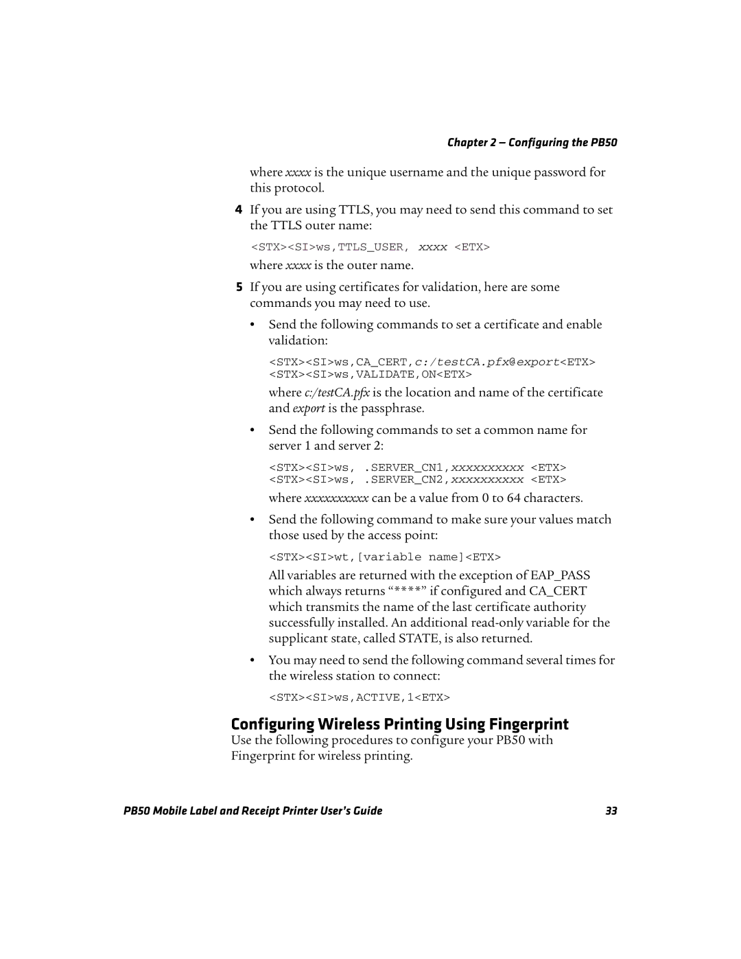 Intermec PB50 manual Configuring Wireless Printing Using Fingerprint 