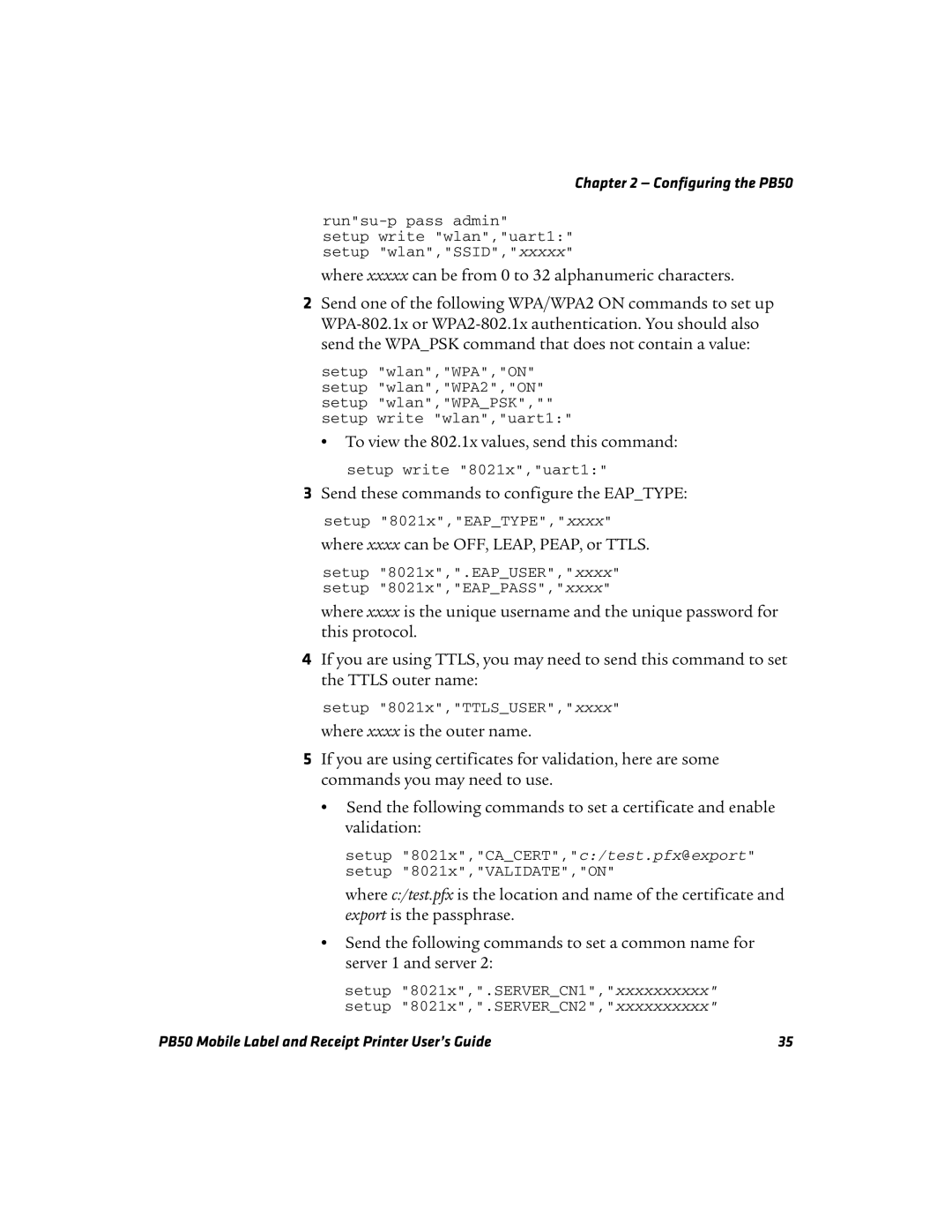 Intermec PB50 manual To view the 802.1x values, send this command 