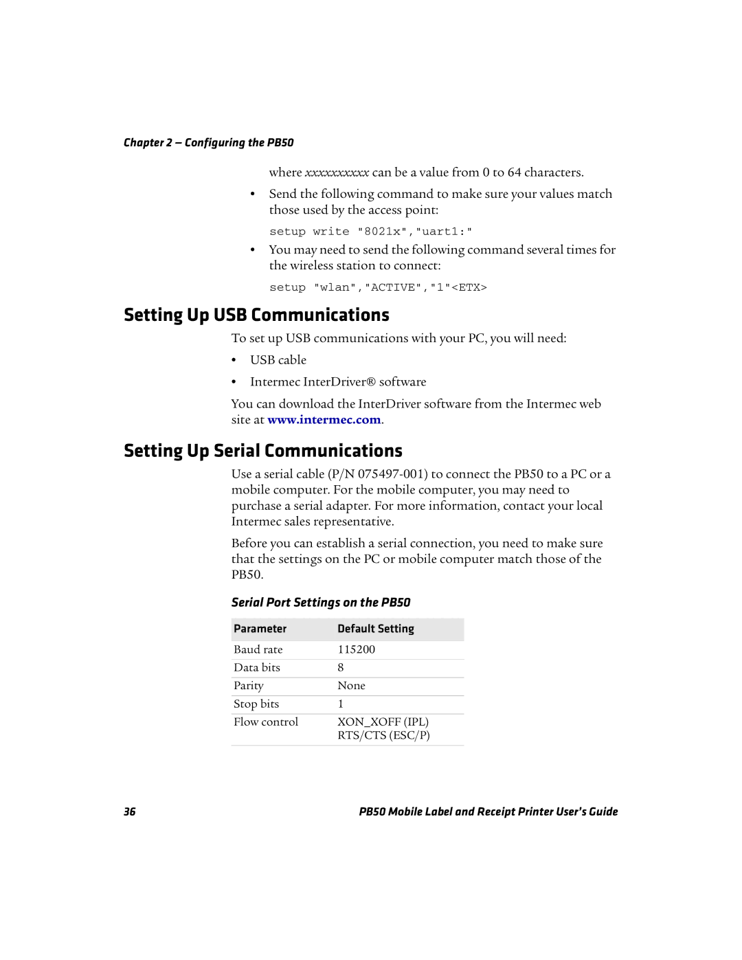 Intermec manual Setting Up USB Communications, Setting Up Serial Communications, Serial Port Settings on the PB50 