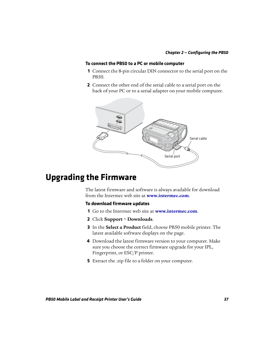 Intermec manual Upgrading the Firmware, To connect the PB50 to a PC or mobile computer, To download firmware updates 