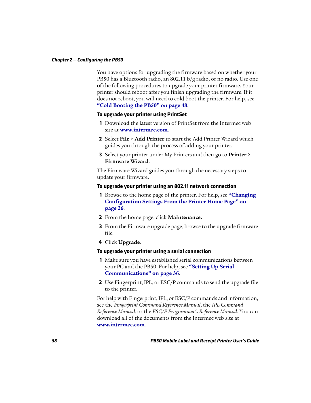 Intermec PB50 manual To upgrade your printer using PrintSet, To upgrade your printer using an 802.11 network connection 